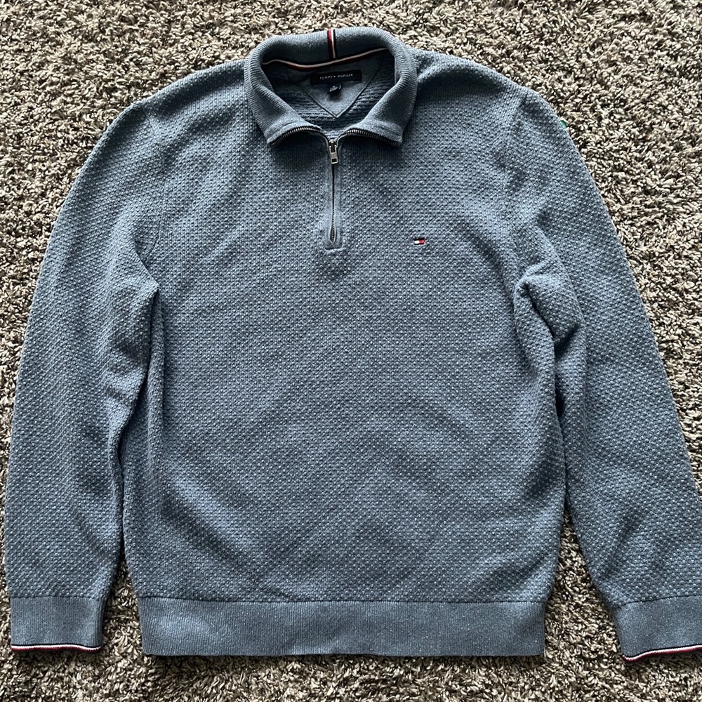 Tommy Hilfiger Men's 1/4 Zip Knit Pullover Sweater, Blue Striped Red, Size XL